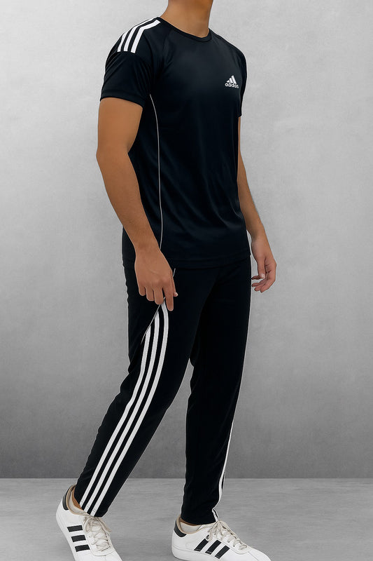 Black Classic Dri-Fit Tracksuit with White Side Stripes – Half Sleeve Edition