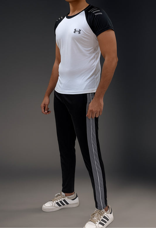 Monochrome Motion: Black Dri-Fit Tracksuit with White Accents – Half Sleeve Edition