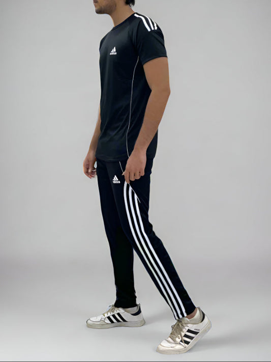 Black Classic Dri-Fit Tracksuit with White Side Stripes – Half Sleeve Edition