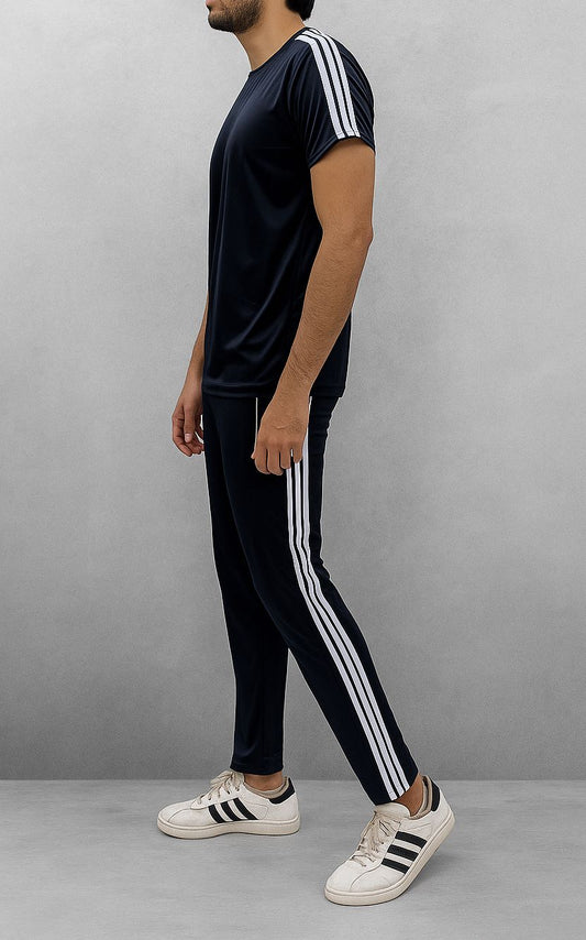 Midnight Motion: Blue Tracksuit with Dual White Stripes – Half Sleeve Edition